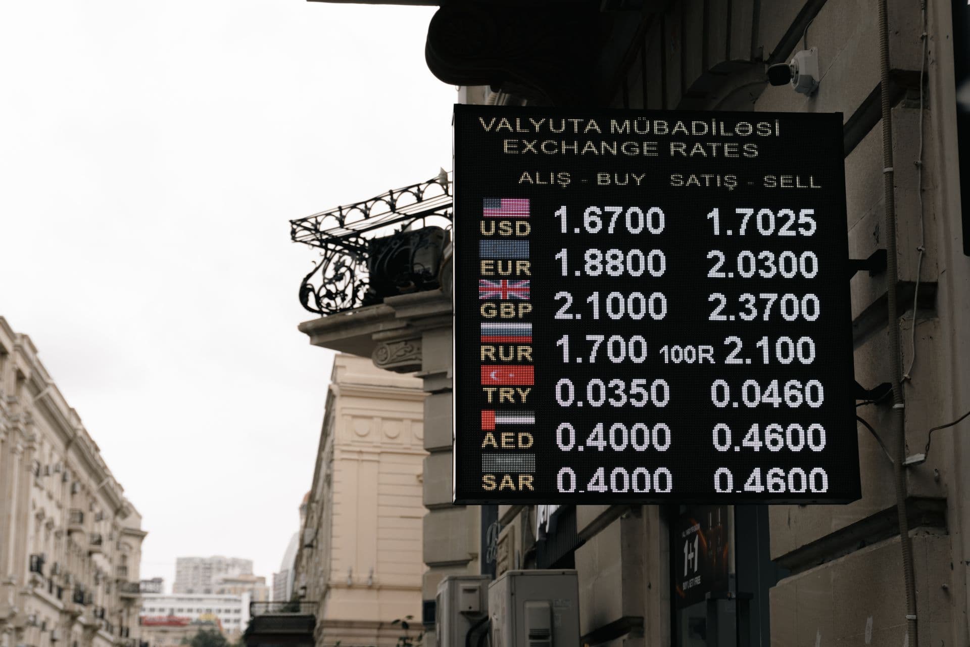 A street currency exchange board listing rates against the US dollar — a reminder that Microsoft's 2026 Microsoft 365 price list is in USD, not the AUD an Australian business actually pays.